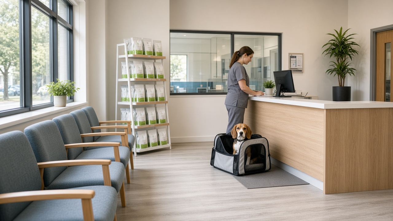 Veterinary reception with hydration pouches on display