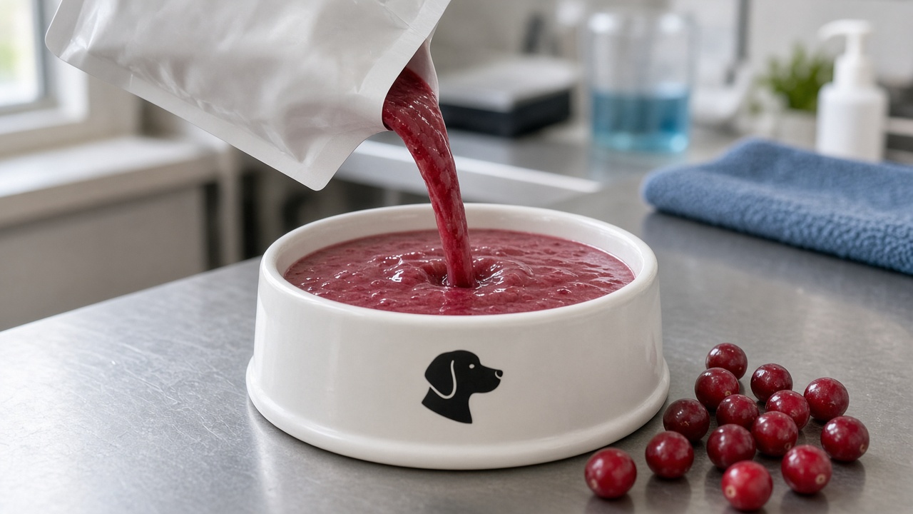 Cranberry-tinted hydration smoothie being poured into a white ceramic bowl