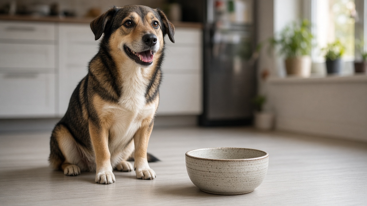 Happy mixed breed dog beside an empty bowl