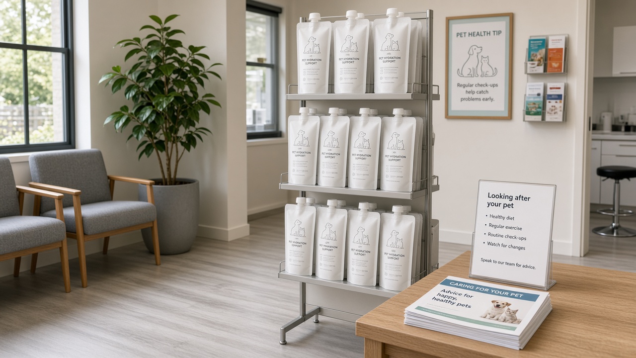 Bright veterinary waiting room with a slim display stand of hydration pouches