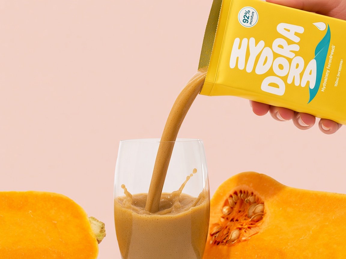 Furr Boost hydration smoothie poured from a pouch into a glass, with pumpkin